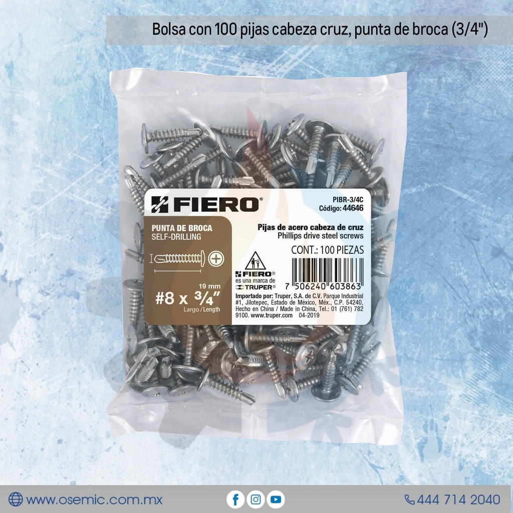 Bolsa con 100 pijas cabeza cruz, punta de broca