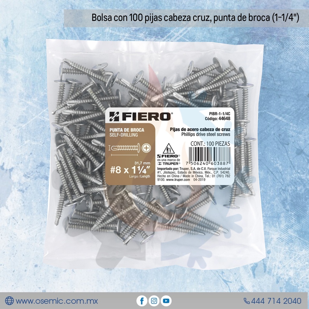 Bolsa con 100 pijas cabeza cruz, punta de broca