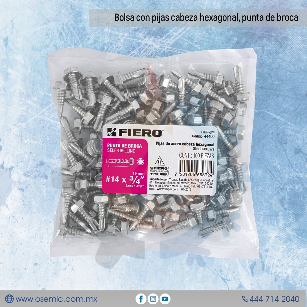 Bolsa con pijas cabeza hexagonal, punta de broca
