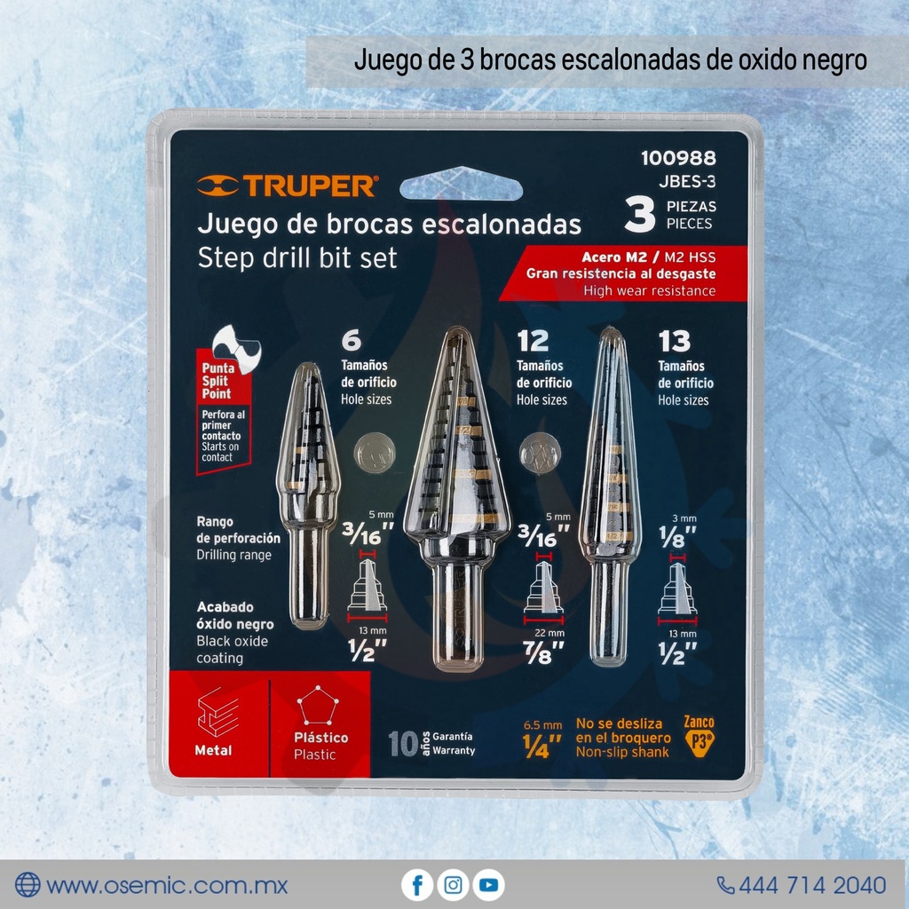 Juego de 3 brocas escalonadas de oxido negro