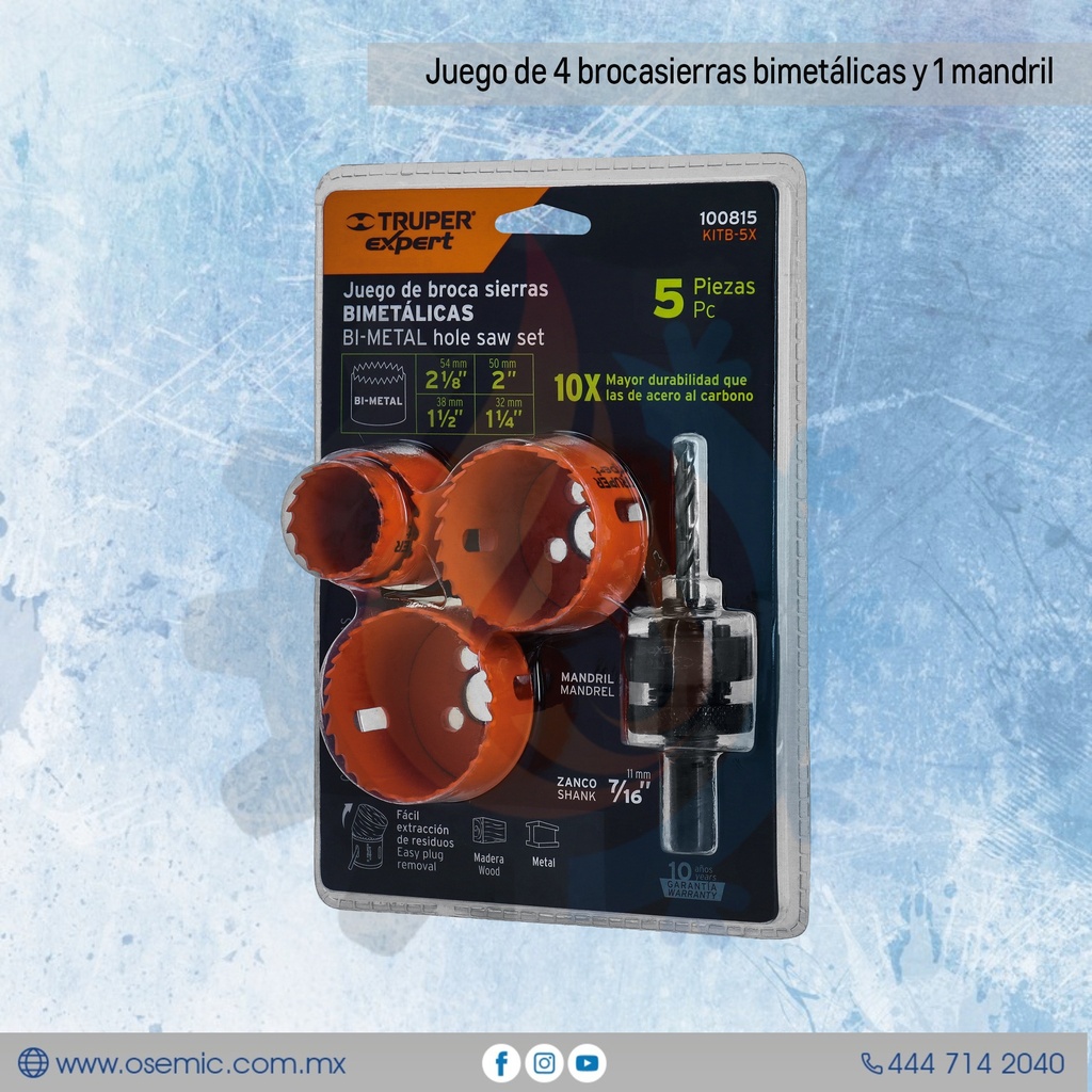 Juego de 4 brocasierras bimetálicas y 1 mandril,