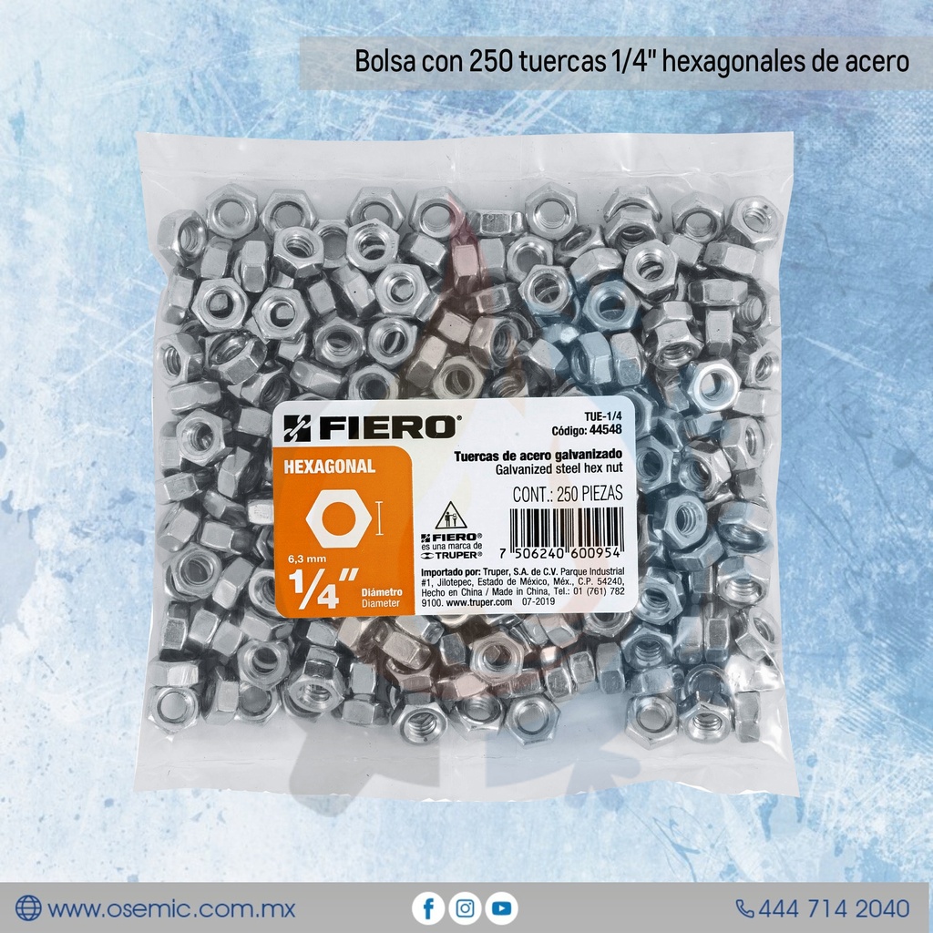 Bolsa con 250 tuercas 1/4" hexagonales de acero