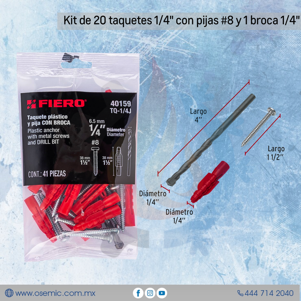Kit de 20 taquetes 1/4" con pijas #8 y 1 broca 1/4"