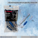 Kit de 20 taquetes 3/8" con pijas #12 y 1 broca 3/8"