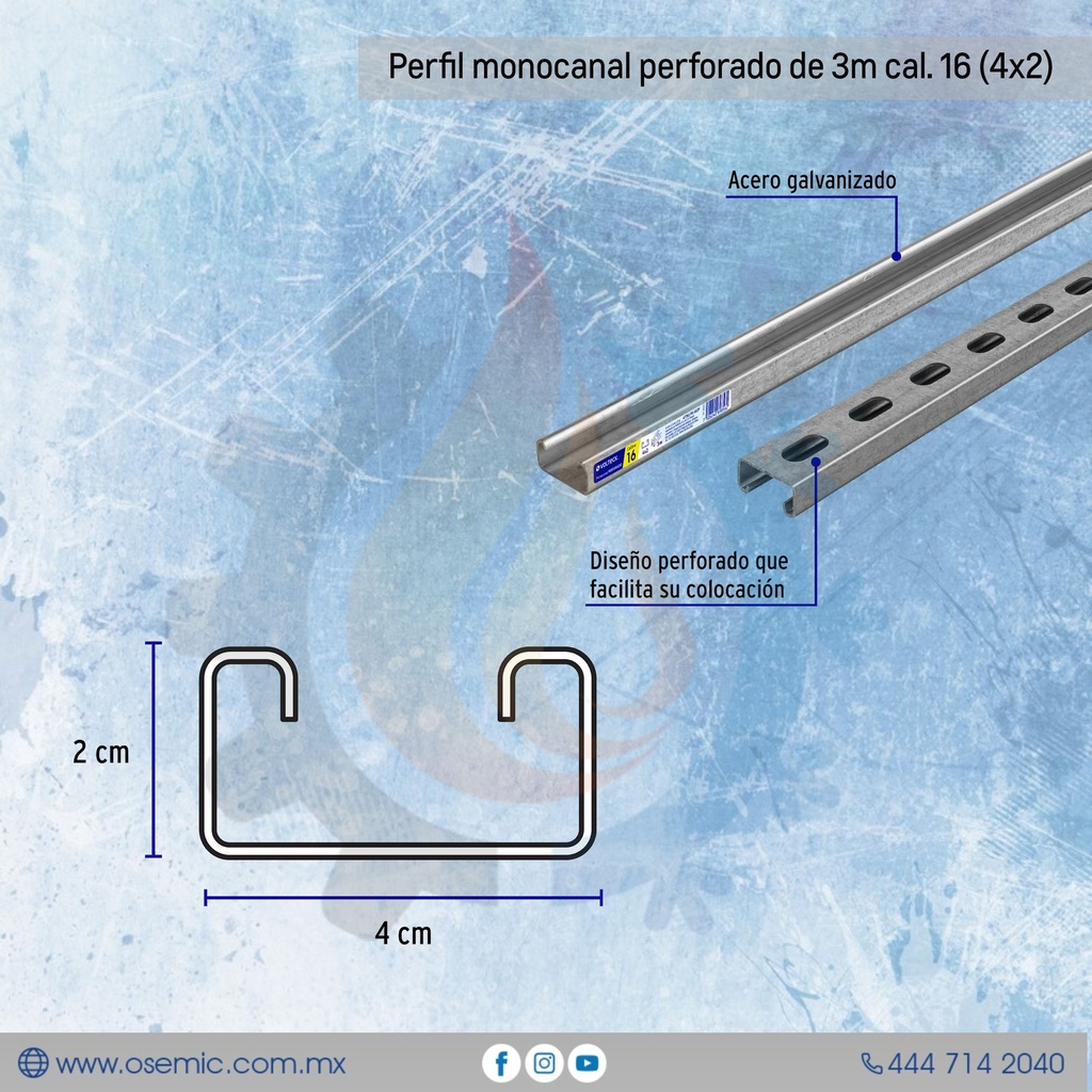 Perfil monocanal perforado de 3m cal. 16