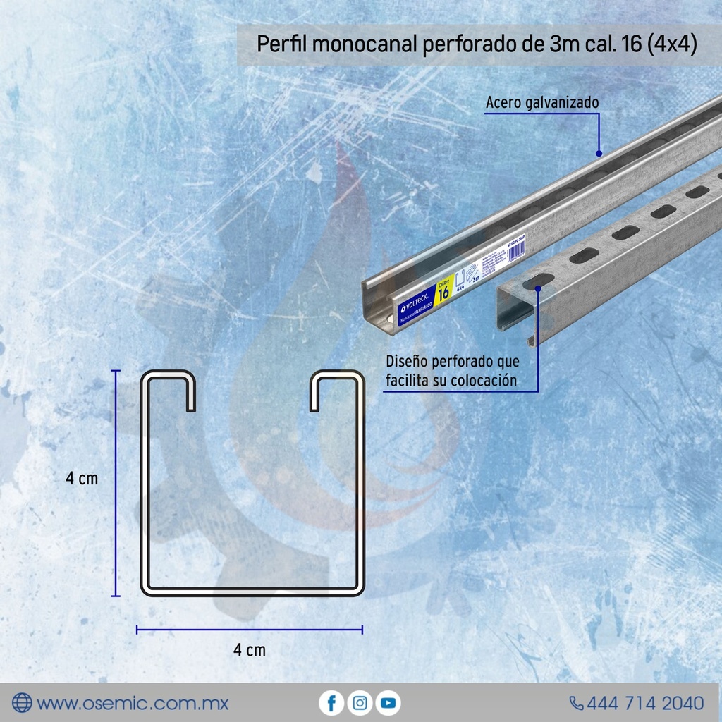 Perfil monocanal perforado de 3m cal. 16