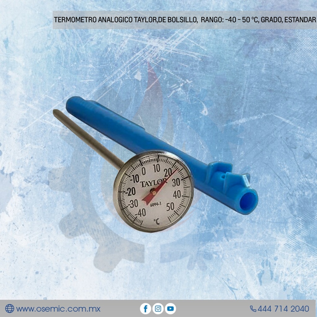 TERMOMETRO ANALOGICO TAYLOR,DE BOLSILLO, CARATULA DE 1"" DE DIAMETRO, VASTAGO DE 6"", RANGO: -40 - 50 ºC, GRADO, ESTANDAR, DIVICION DE ESCALA: 1 ºC."