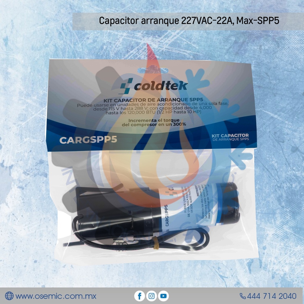 Capacitor arranque 227VAC-22A, Max-SPP5
