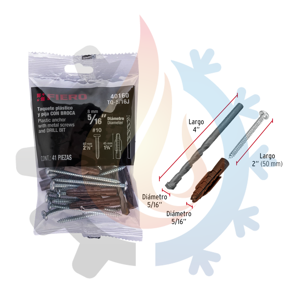 Kit de 20 taquetes 5/16" con pijas #10 y 1 broca 5/16"