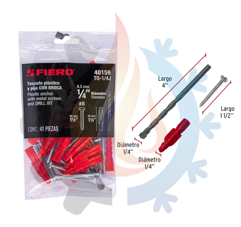 Kit de 20 taquetes 1/4" con pijas #8 y 1 broca 1/4"