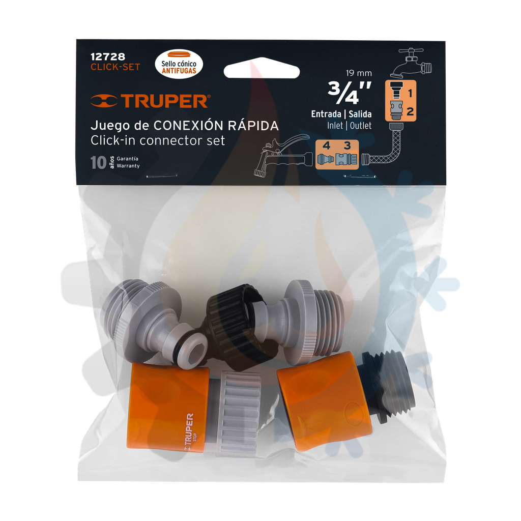 Juego de 5 conectores 3/4 rapidos de ABS, sistema click 