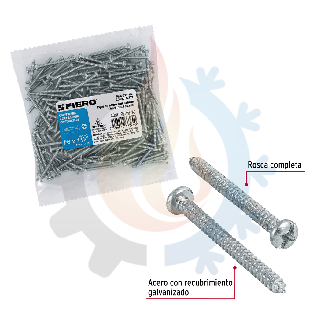 Bolsa con 200 pijas para lamina #6x1-1/2", Marca: Fiero