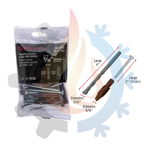 [40160] Kit de 20 taquetes 5/16" con pijas #10 y 1 broca 5/16"