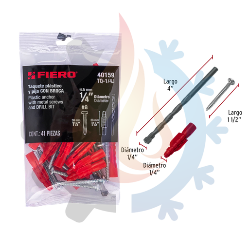 [40159] Kit de 20 taquetes 1/4" con pijas #8 y 1 broca 1/4"