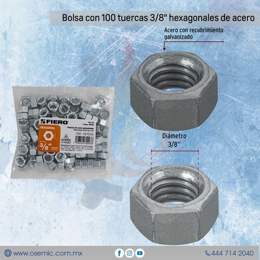 [44550] Bolsa con 100 tuercas 3/8" hexagonales de acero