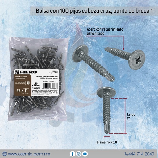 [44647] Bolsa con 100 pijas cabeza cruz, punta de broca 1",