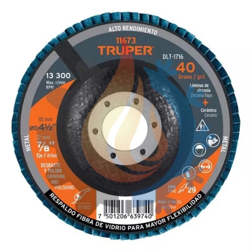 [11673] Disco 4-1/2" laminado grano 40 centro 7/8",