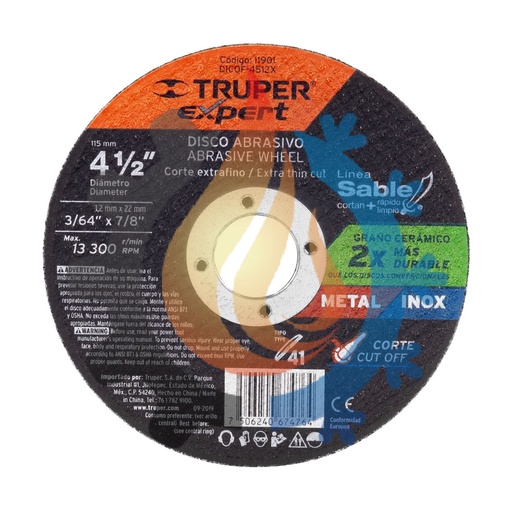 [11901] Disco tipo 41 de 4-1/5 x 1.2mm corte fino de metal 